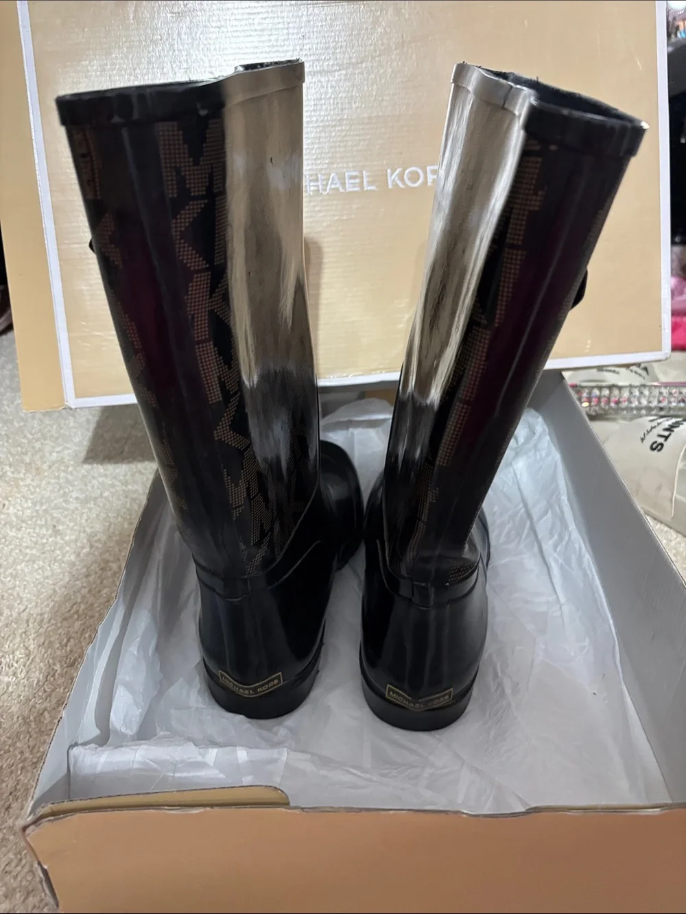 Michael Kors Black and Brown MK Logo Rain Boots